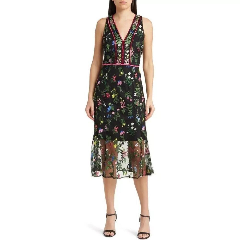 Sam Edelman Botanical Sheer Midi Dress Black with Floral Embroidery Size 0 $168
